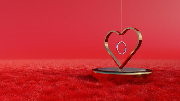 Representación 3D, corazón con el anillo, concepto de amor