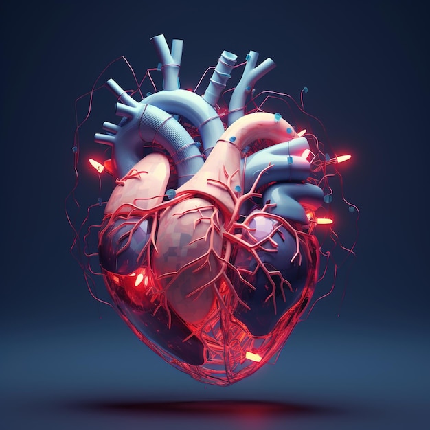 Una representación en 3D de un corazón humano con venas y arterias azules y rojas con un efecto brillante sobre un fondo azul oscuro con un reflector que brilla sobre él con una capa exterior similar al vidrio