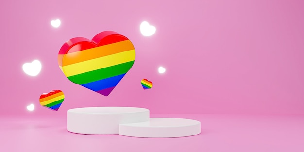 Representación 3D Corazones de orgullo con escenario blanco sobre fondo rosa Exhibición del producto