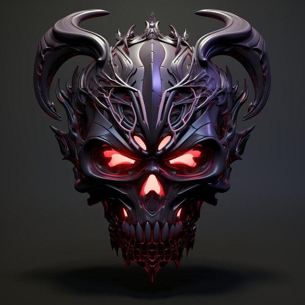 Representación 3D de un cráneo de demonio con ojos brillantes
