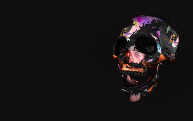 Representación 3d de cráneo humano. Cabeza de muerte riendo colorido sobre fondo negro