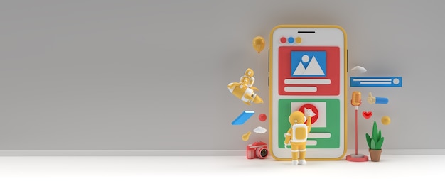 Representación 3D creativa Astronauta volando con cohete y botón de reproducción de video para banner de desarrollo web, material de marketing, presentación, publicidad en línea.