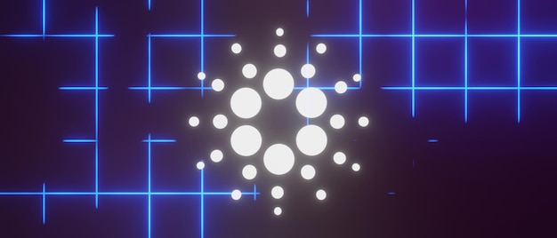 Representación 3d de criptomonedas Cardano o monedas ADA con luz láser de neón de red de tecnología. Concepto de moneda digital de criptomoneda. Nuevo intercambio de dinero virtual en blockchain.