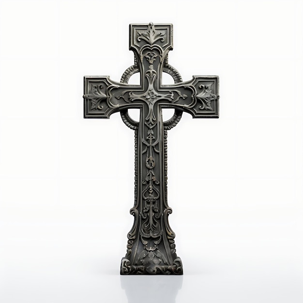 Representación 3D de una cruz de acero desgastada con textura oxidada y una intrincada palma de Pascua del Viernes Santo