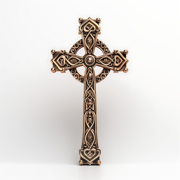 Representación 3D de una cruz de aleación de bronce con decoración de nudos celtas grabados Palma de Pascua del Viernes Santo