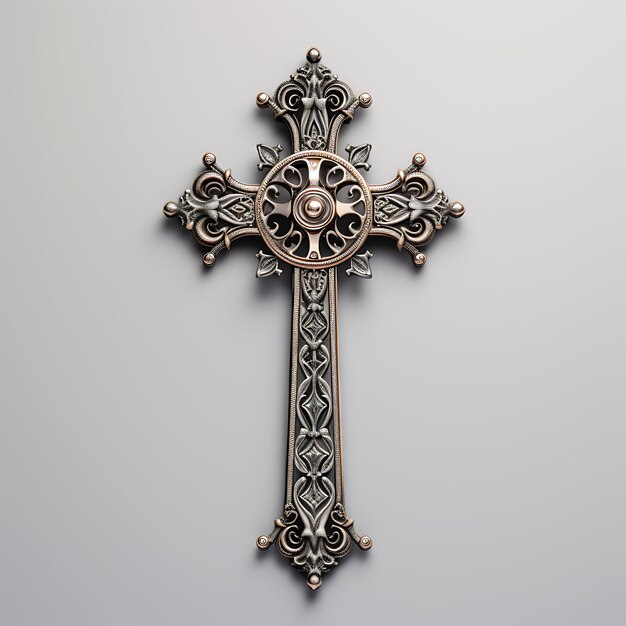 Representación 3D de una cruz de bronce chapada en paladio con decoración de filigrana grabada en la palma de Pascua del Viernes Santo