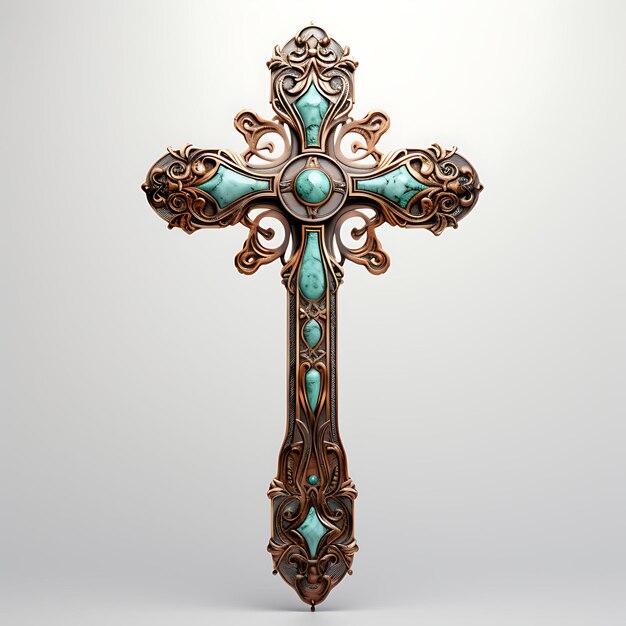 Representación 3D de una cruz de bronce desgastada con detalles de pátina de cobre y palma de Pascua del Viernes Santo en color turquesa