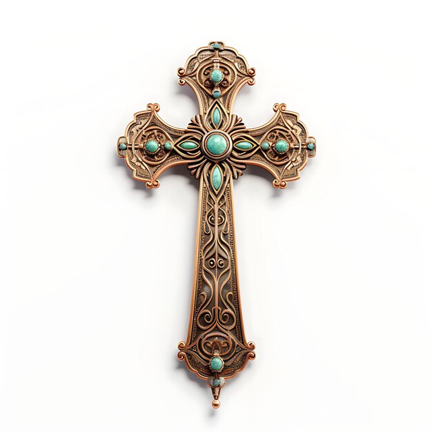 Representación 3D de una cruz de bronce desgastada con detalles de pátina de cobre y palma de Pascua del Viernes Santo en color turquesa