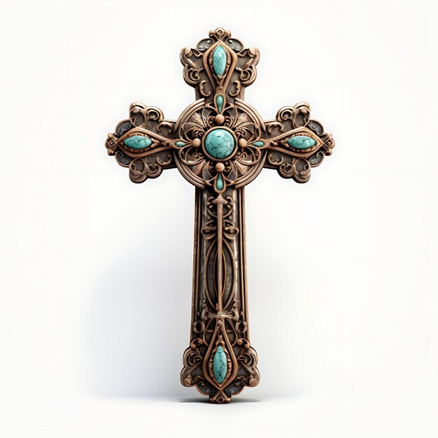 Representación 3D de una cruz de bronce desgastada con detalles de pátina de cobre y palma de Pascua del Viernes Santo en color turquesa