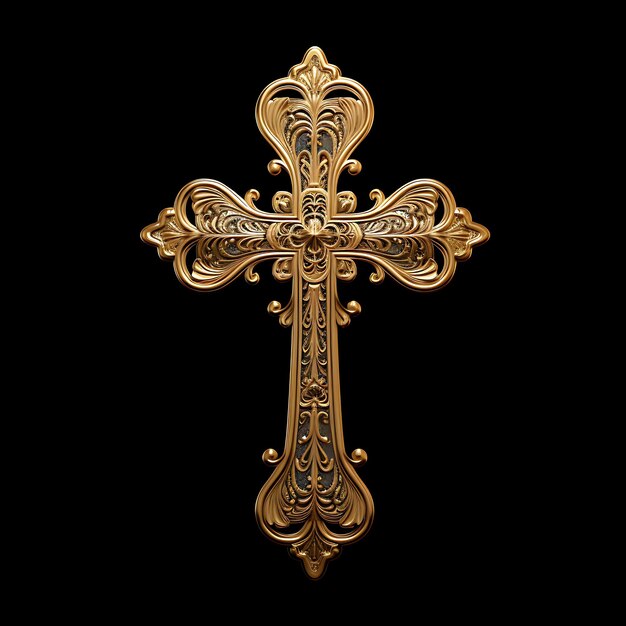 Representación 3D de una cruz chapada en oro con decoración con motivo celestial grabado v Palma de Pascua del Viernes Santo