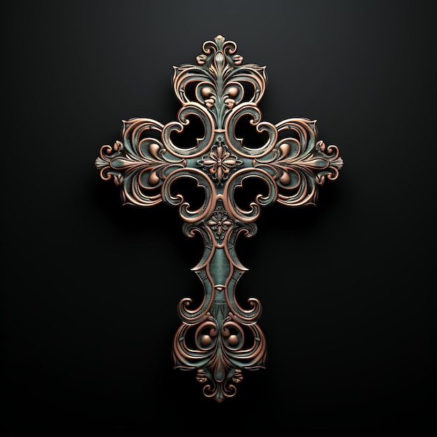 Representación 3D de una cruz de cobre envejecido con motivos florales en relieve representada por la palma de Pascua del Viernes Santo