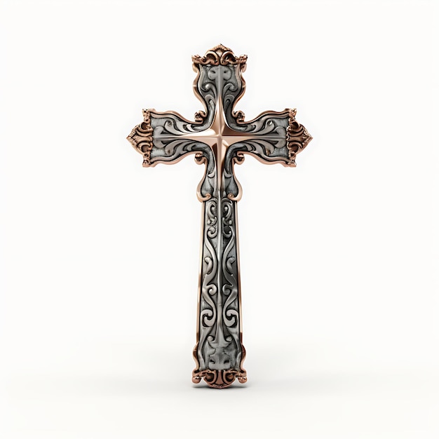 Representación 3D de una cruz de cobre plateada con metal martillado y pátina Te Viernes Santo Palma de Pascua