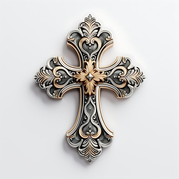 Representación 3D de una cruz dorada de plata con decoración de escudo real en relieve Palma de Pascua de Viernes Santo de seda