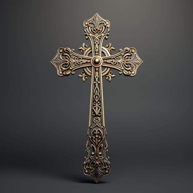 Representación 3D de una cruz de latón desgastada con ornamentación de filigrana representada en la palma de Pascua del Viernes Santo