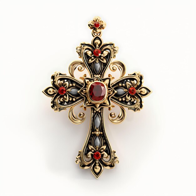 Representación 3D de una cruz de oro con acabado satinado y detalles chapados en rodio negro Palma de Pascua del Viernes Santo