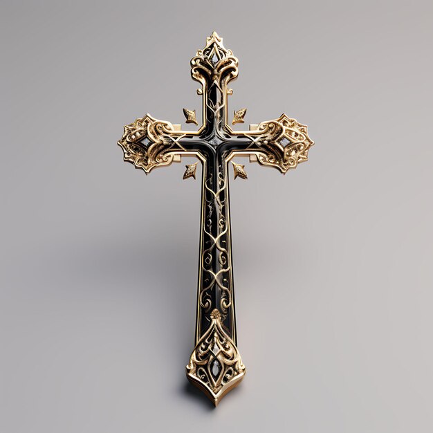 Representación 3D de una cruz de oro con acabado satinado y detalles chapados en rodio negro Palma de Pascua del Viernes Santo