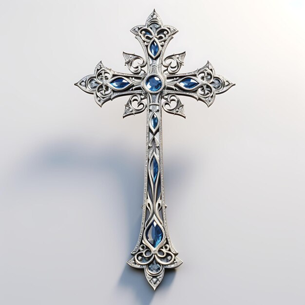 Representación 3D de una cruz de plata pulida con oro blanco grabado y zafiro, Palma de Pascua del Viernes Santo