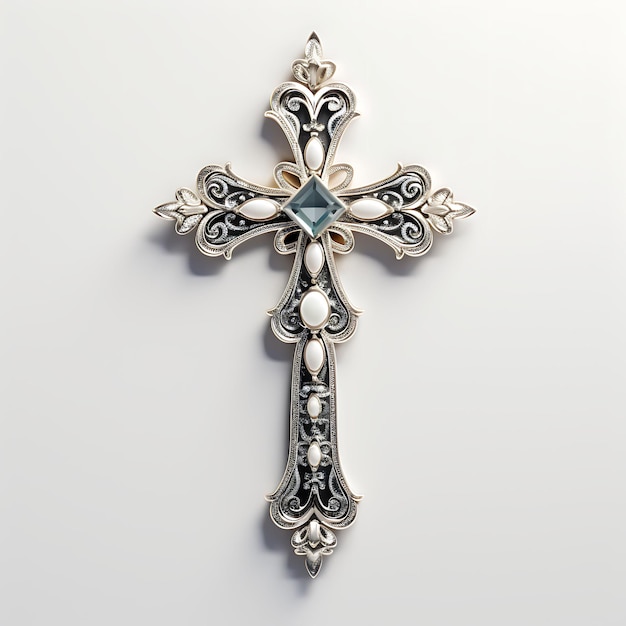 Representación 3D de una cruz de platino con adornos de perlas y paladio grabados sobre la palma de Pascua del Viernes Santo