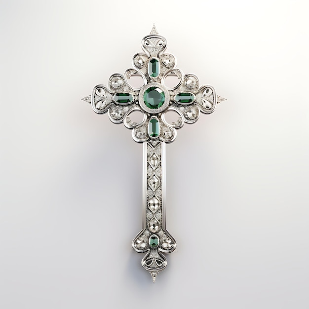 Representación 3D de una cruz de platino tachonada de diamantes con paladio grabado y una palma de Pascua del Viernes Santo