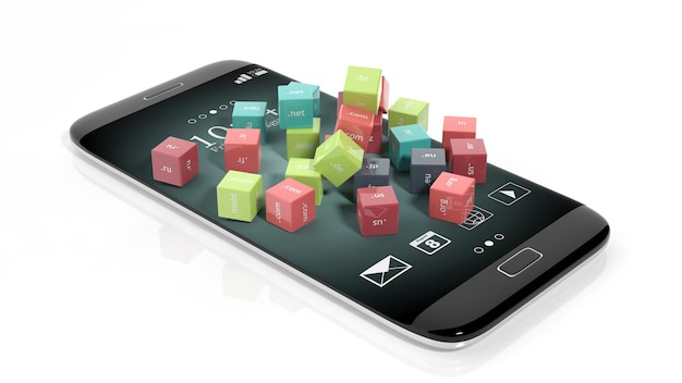 Representación 3D de cubos con nombres de dominio en la pantalla del teléfono inteligente aislado en blanco