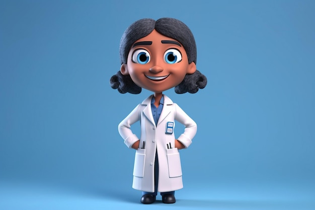 Una representación 3D de cuerpo completo de una doctora morena sonriente mirando a la cámara. Lleva un uniforme de túnica blanca y está aislada en un fondo azul.