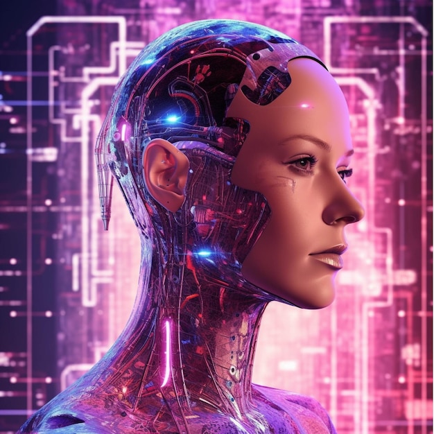 Representación 3d de un cyborg femenino frente al fondo de tecnología