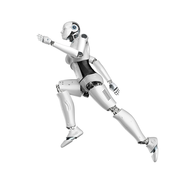 Representación 3d cyborg femenino o robot correr o saltar aislado en blanco