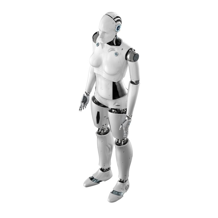 Foto representación 3d cyborg femenino o robot de longitud completa aislado en blanco