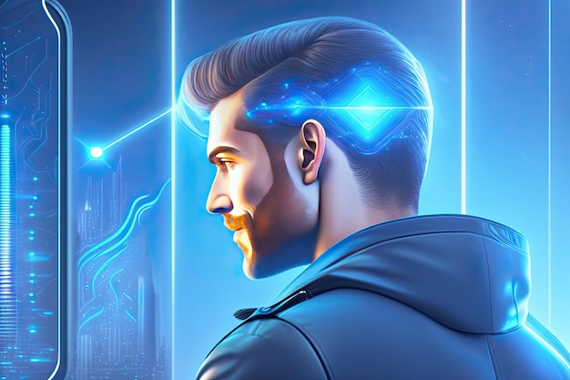 Foto representación 3d de un cyborg masculino frente a un fondo futurista