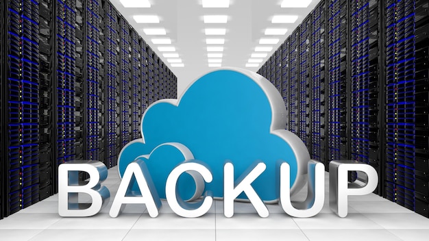 Representación 3D de dataceter con símbolos de nube y texto de respaldo aislado sobre fondo blanco