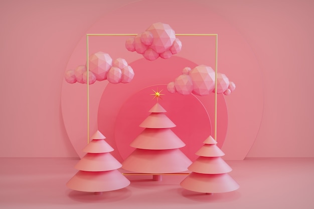 Representación 3d de la decoración del concepto de la escena del árbol de Navidad de la forma geométrica abstracta