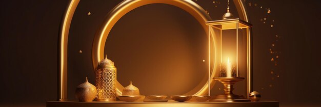 Representación 3D Decoración islámica Iftar Eid linternas podio con inserciones de oro Composición de estilo Ramadán