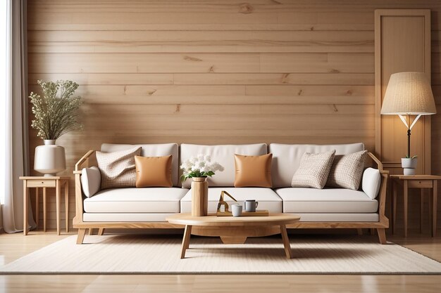 Representación 3D de decoración de madera simulada en sala de estar con sofá de estilo clásico