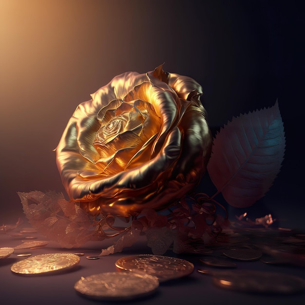 Representación 3D de una delicada rosa sobre un montón de monedas de oro