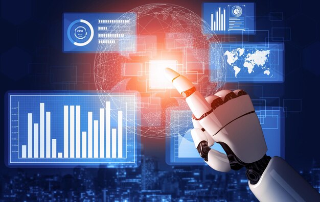 Representación 3D Desarrollo de tecnología de robot futurista inteligencia artificial IA y concepto de aprendizaje automático Investigación científica biónica robótica global para la ilustración 3D de la vida humana futura