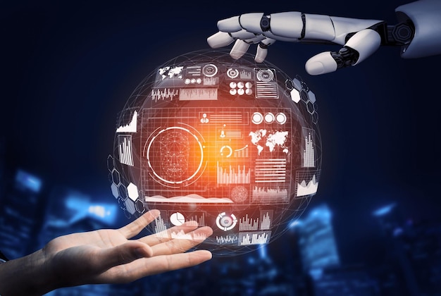 Representación 3D Desarrollo de tecnología de robot futurista inteligencia artificial IA y concepto de aprendizaje automático Investigación científica biónica robótica global para la ilustración 3D de la vida humana futura