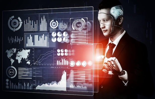 Representación 3D Desarrollo de tecnología de robots futuristas inteligencia artificial IA y concepto de aprendizaje automático Investigación científica biónica robótica global para la vida humana futura Ilustración 3D