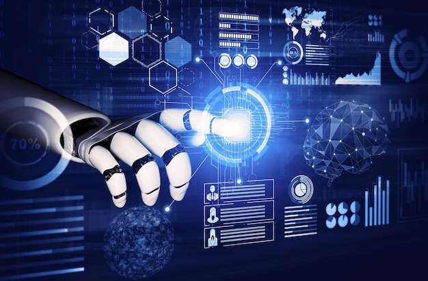 Representación 3D Desarrollo de tecnología de robots futuristas inteligencia artificial IA y concepto de aprendizaje automático Investigación científica biónica robótica global para la vida humana futura Ilustración 3D