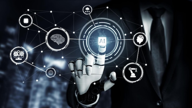 Representación 3D Desarrollo de tecnología de robots futuristas inteligencia artificial IA y concepto de aprendizaje automático Investigación científica biónica robótica global para la vida humana futura Ilustración 3D