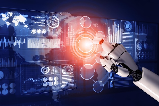 Representación 3D Desarrollo de tecnología de robots futuristas inteligencia artificial IA y concepto de aprendizaje automático Investigación científica biónica robótica global para la vida humana futura Ilustración 3D