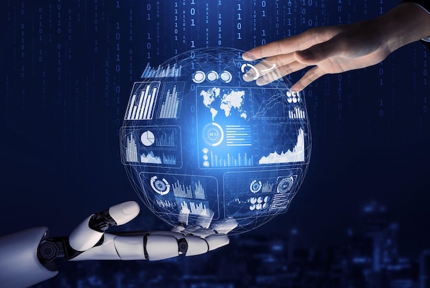 Representación 3D Desarrollo de tecnología de robots futuristas inteligencia artificial IA y concepto de aprendizaje automático Investigación científica biónica robótica global para la vida humana futura Ilustración 3D