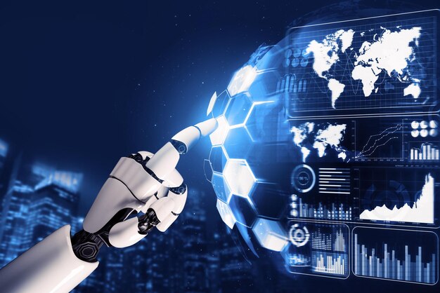 Representación 3D Desarrollo de tecnología de robots futuristas inteligencia artificial IA y concepto de aprendizaje automático Investigación científica biónica robótica global para la vida humana futura Ilustración 3D