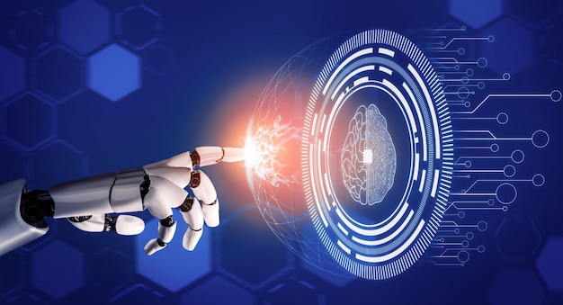 Representación 3D Desarrollo de tecnología de robots futuristas inteligencia artificial IA y concepto de aprendizaje automático Investigación científica biónica robótica global para la vida humana futura Ilustración 3D