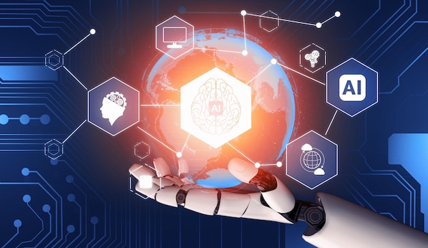 Representación 3D Desarrollo de tecnología de robots futuristas inteligencia artificial IA y concepto de aprendizaje automático Investigación científica biónica robótica global para la vida humana futura Ilustración 3D