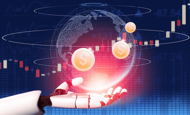 Representación 3D Desarrollo de tecnología de robots futuristas inteligencia artificial IA y concepto de aprendizaje automático Investigación científica biónica robótica global para la vida humana futura Ilustración 3D