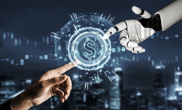Representación 3D Desarrollo de tecnología de robots futuristas inteligencia artificial IA y concepto de aprendizaje automático Investigación científica biónica robótica global para la vida humana futura Ilustración 3D