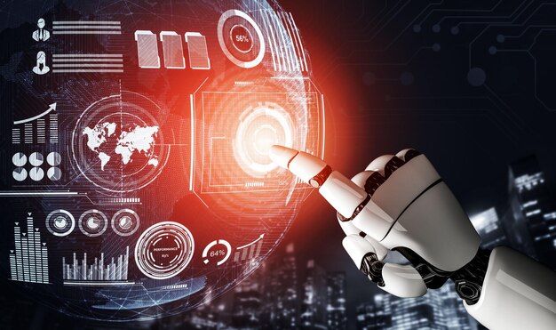 Representación 3D Desarrollo de tecnología de robots futuristas inteligencia artificial IA y concepto de aprendizaje automático Investigación científica biónica robótica global para la vida humana futura Ilustración 3D