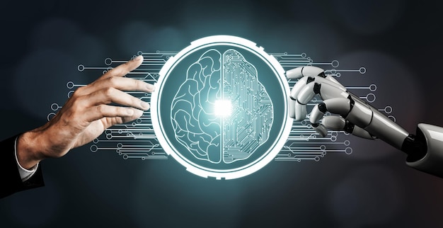 Representación 3D Desarrollo de tecnología de robots futuristas inteligencia artificial IA y concepto de aprendizaje automático Investigación científica biónica robótica global para la vida humana futura Ilustración 3D