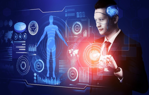 Representación 3D Desarrollo de tecnología de robots futuristas inteligencia artificial IA y concepto de aprendizaje automático Investigación científica biónica robótica global para la vida humana futura Ilustración 3D