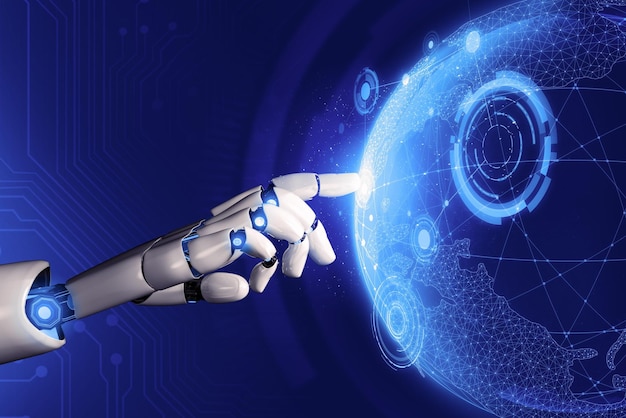 Representación 3D Desarrollo de tecnología de robots futuristas inteligencia artificial IA y concepto de aprendizaje automático Investigación científica biónica robótica global para la vida humana futura Ilustración 3D